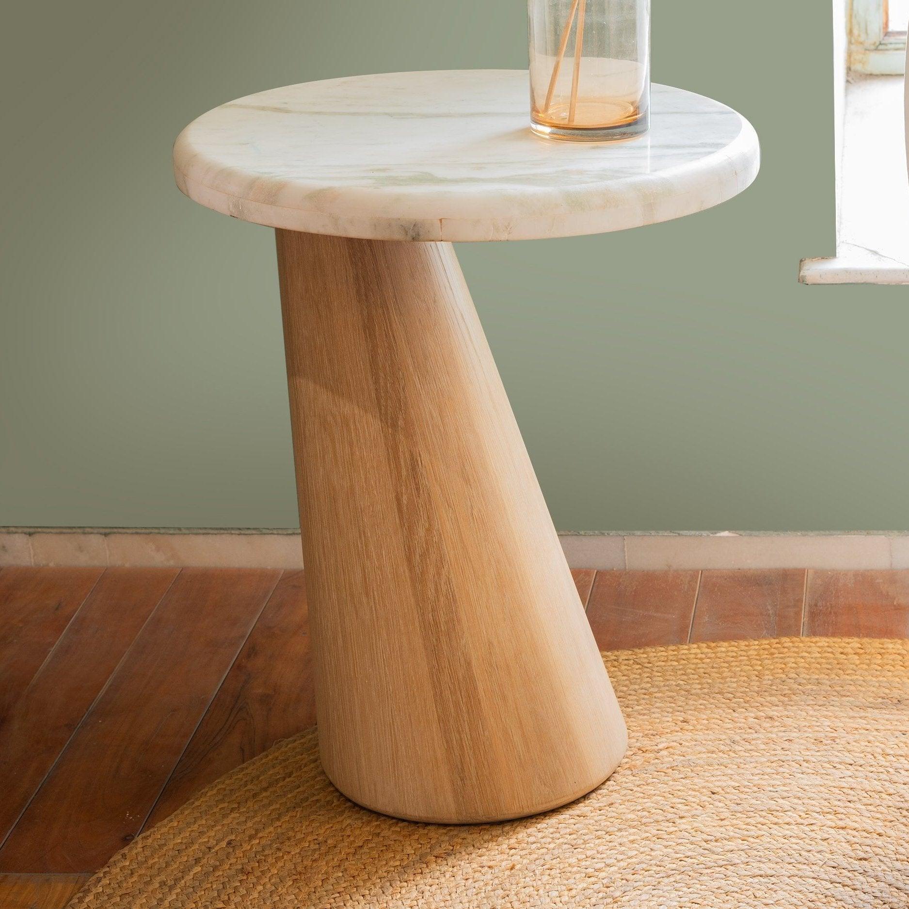 Hump Oak Wood Side Table for Living Room Designer Green Marble Corner  Table Stylish End Tables