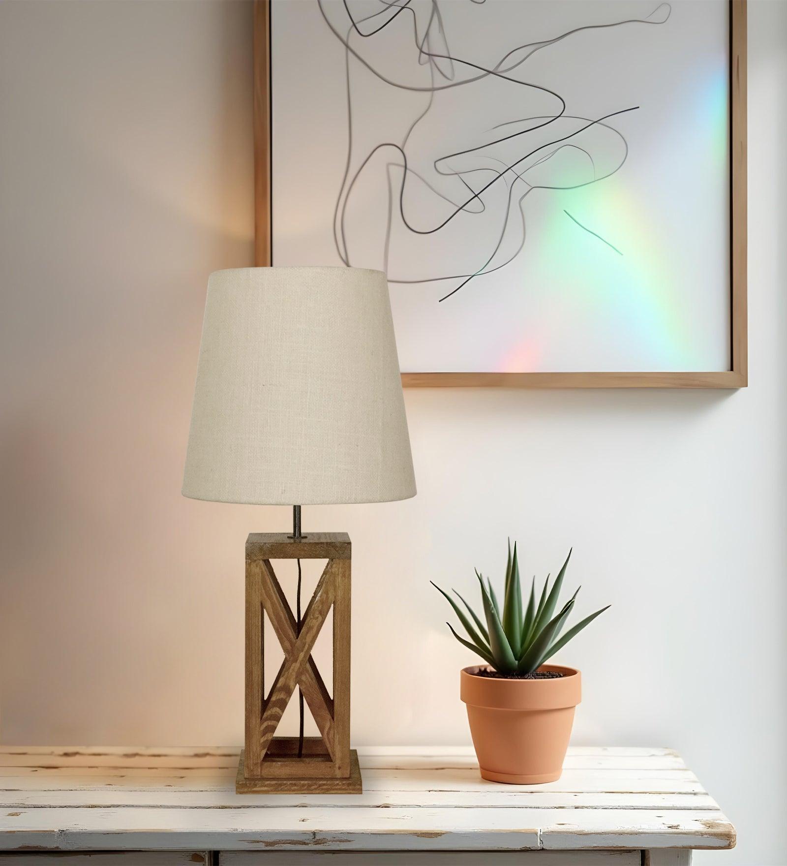 Symmetric Brown Wooden Table Lamp with Black Fabric Lampshade