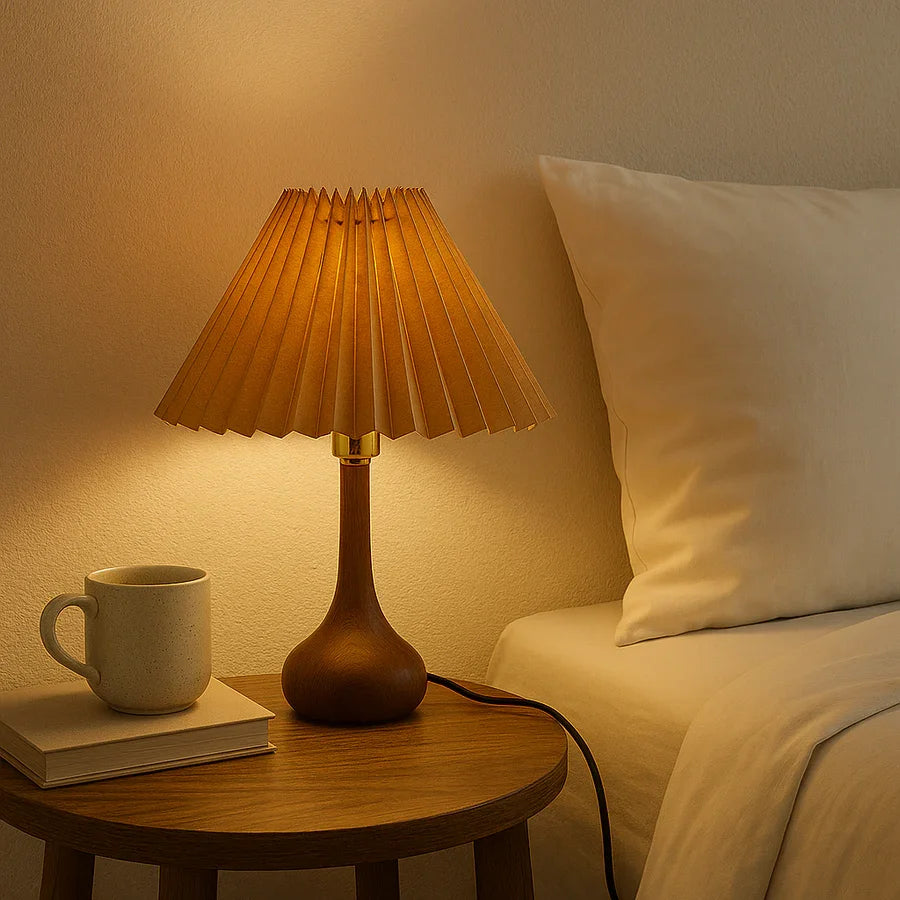 Shade Very Small Lamp Table Kyoto Pleated Wooden Table Lamp For Bedroom, Bedside Living Room Nordic  Aesthetic Ambient Light Home Decorative Wooden Desk Lamp, (Pleated