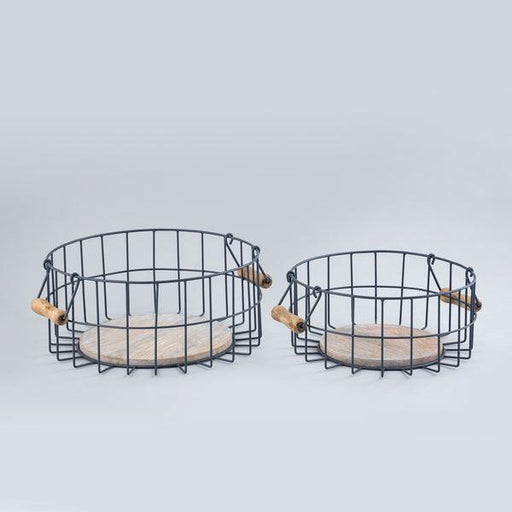 Buy Basket - Black Iron & Wood Round Baskets With Handle Set Of 2 For Storage by Indecrafts on IKIRU online store