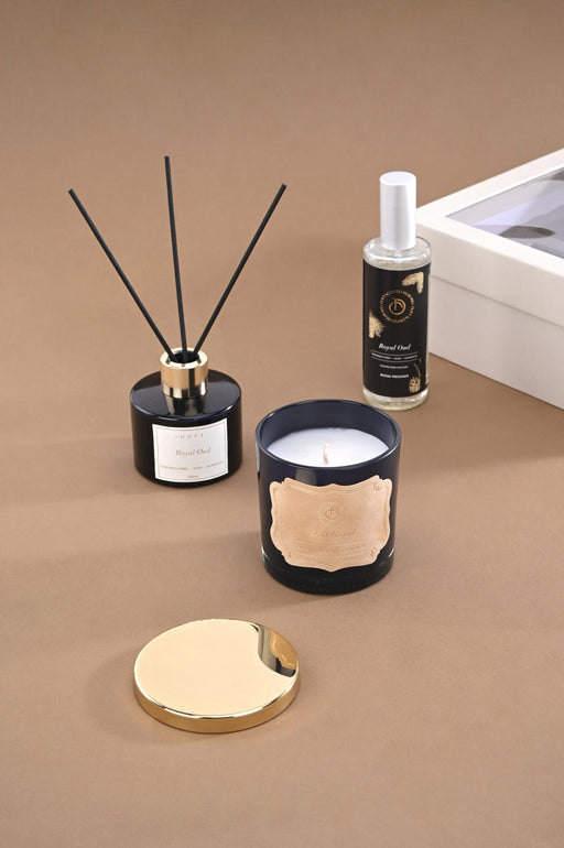 Buy Dried Flowers & Fragrance - Royal Oud Black Scented Candle With Glass Diffuser & Room Spray | Fragrant Oasis Gift Set by Doft Candles on IKIRU online store