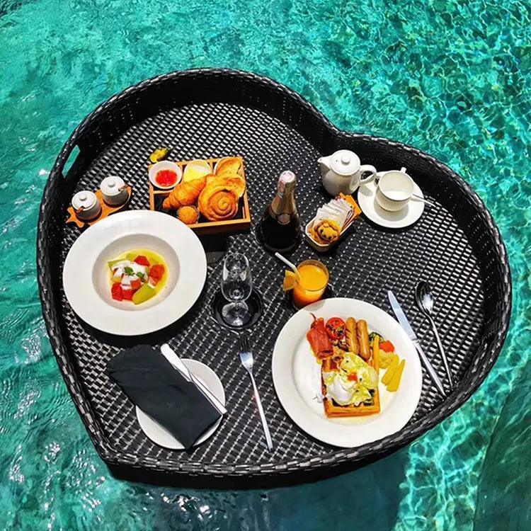 Luxurious Heart Shape Floating Serving Tray For Pool Restaurant  Synthetic Rattan Aluminium Serveware