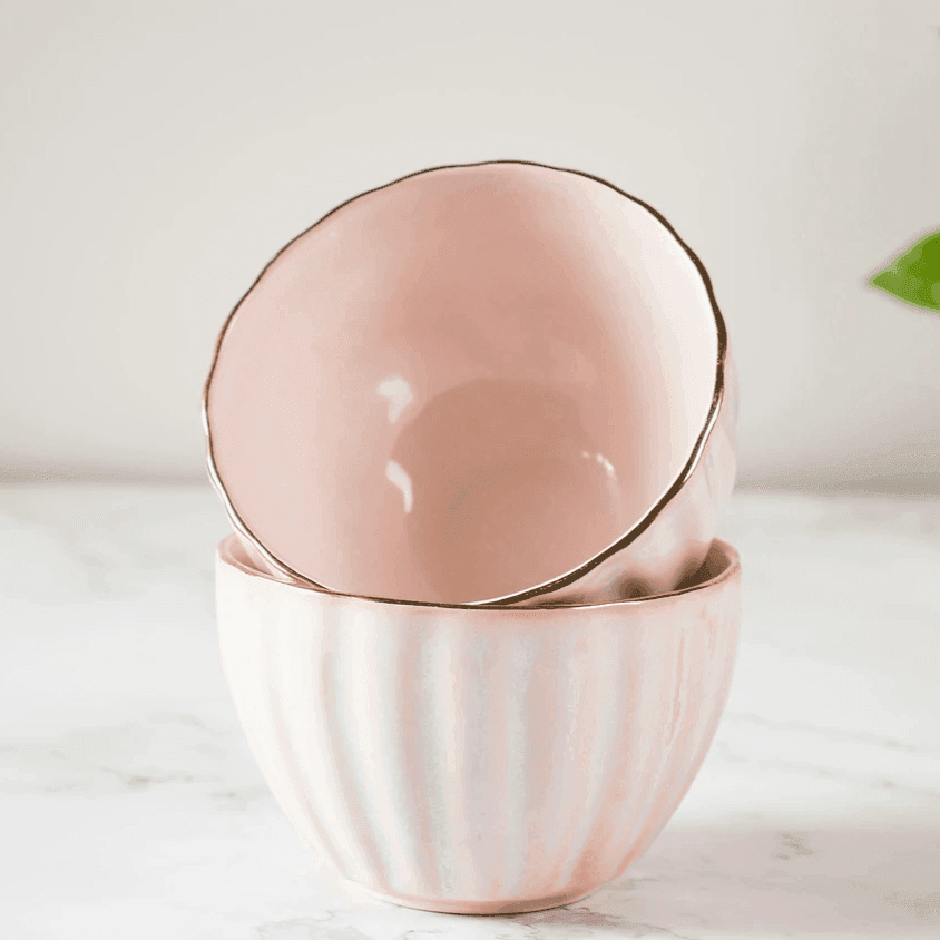 Stylish Ribbed Blush Pink Bowl Stoneware Set For Table Decor