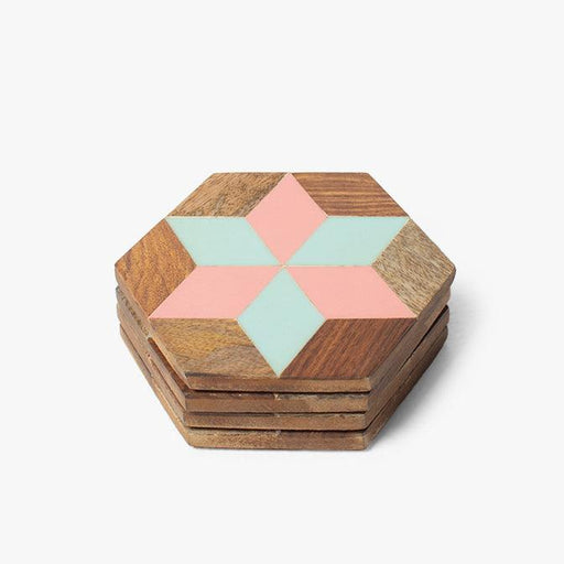 Buy Coaster - Hexagon Shaped Wooden Tea Coasters With Colorful Marquetry For Tableware by Casa decor on IKIRU online store