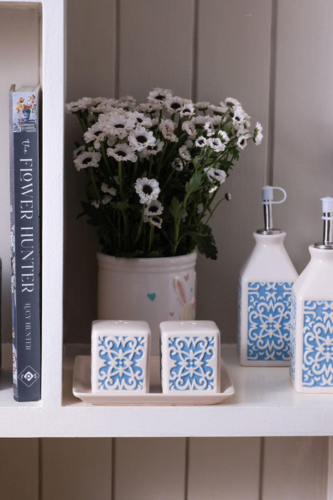 Buy Kitchen Utilities - White & Blue Ceramic Oil Bottle with Salt & Pepper Set For Kitchen & Dining by The Herb Boutique on IKIRU online store