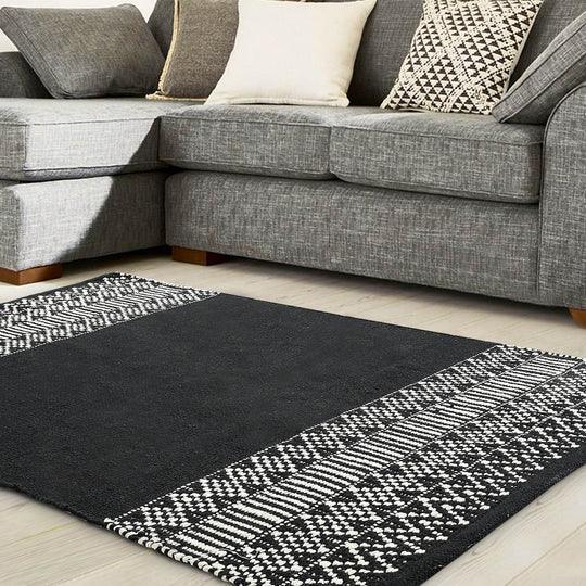 Rectangular Cotton Woven Black White Rug Decorative Floor Mat For