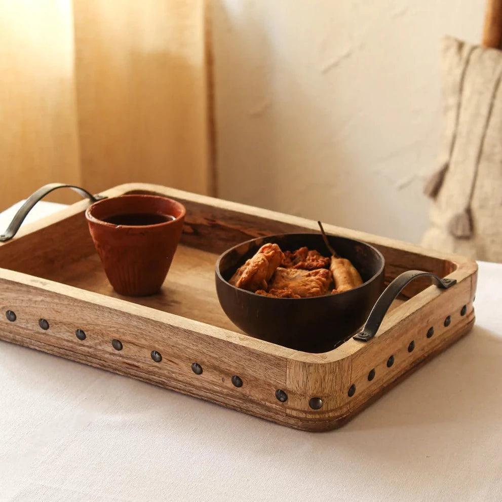 Rectangular Wooden Serving Tray With Handle For Home Kitchen