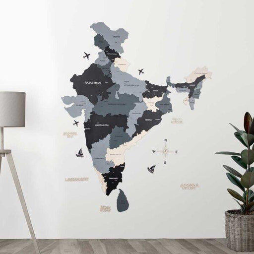 Buy Wall Art - 3D Wooden Wall Art Decor India Map Decal Black and Beige by Wooden Art Studio on IKIRU online store