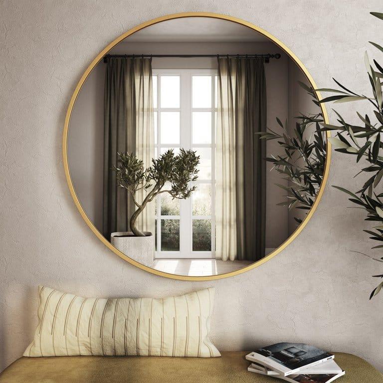 Golden Bordered Minimalist Round Wall Mirror 33 Inches