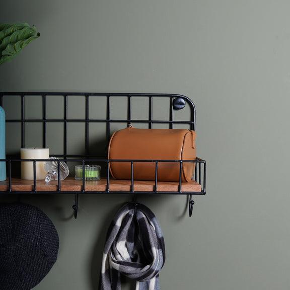 Wooden And Black Metal Multi Utility Wall Shelf For Home And Storage