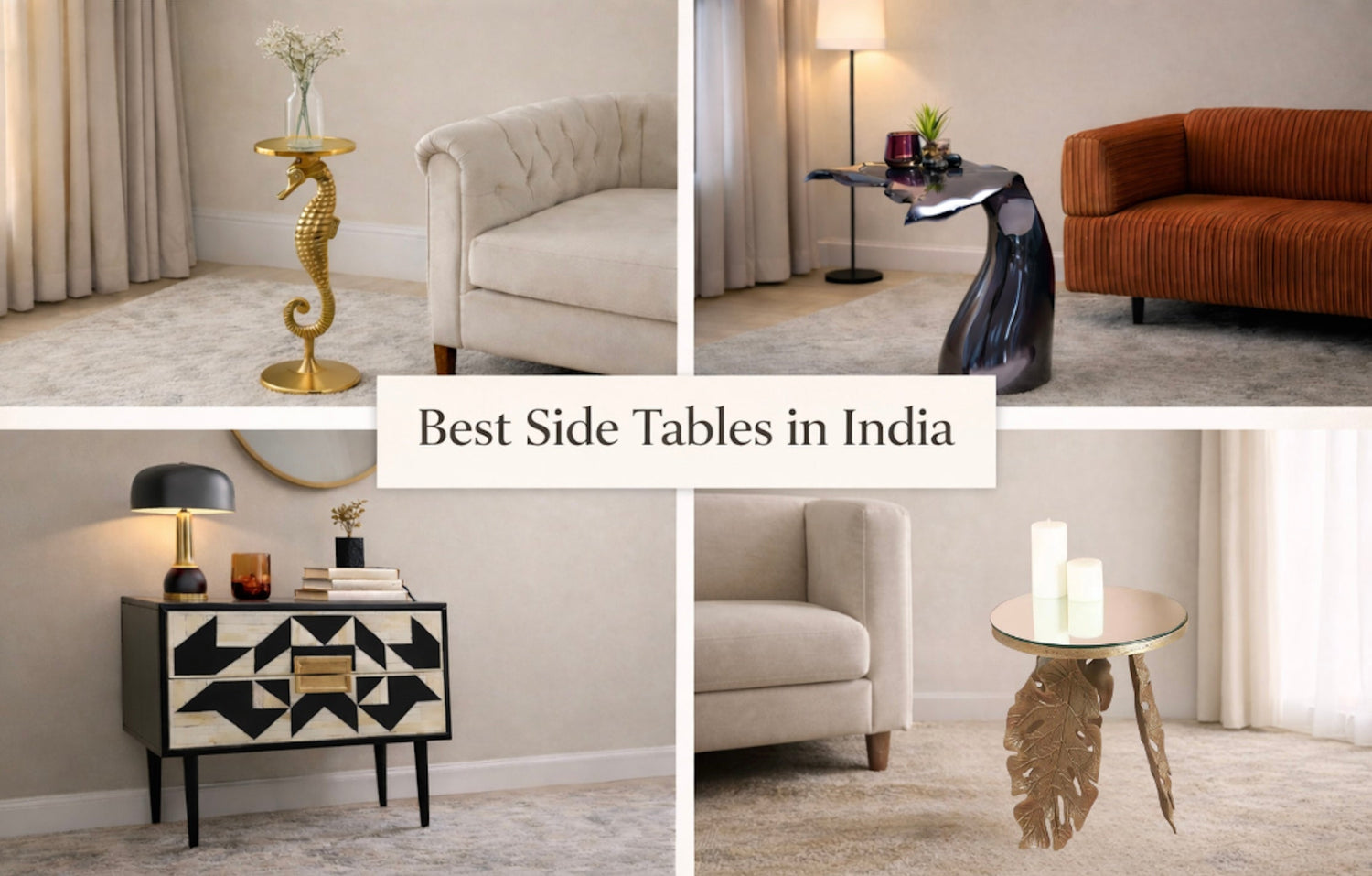 Best side tables in India styled in modern home interiors including seahorse, sculptural, bone inlay, and marble side tables.