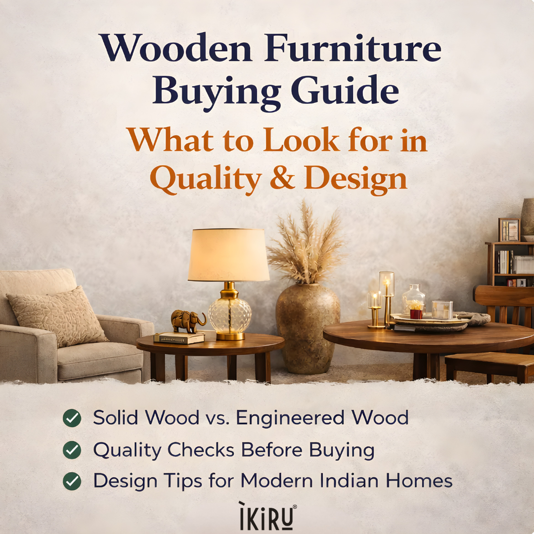 Wooden furniture buying guide banner with solid wood living room and dining furniture.