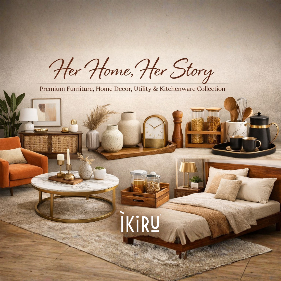 Premium furniture, home decor, utility essentials and kitchenware styled in a modern Indian living space.