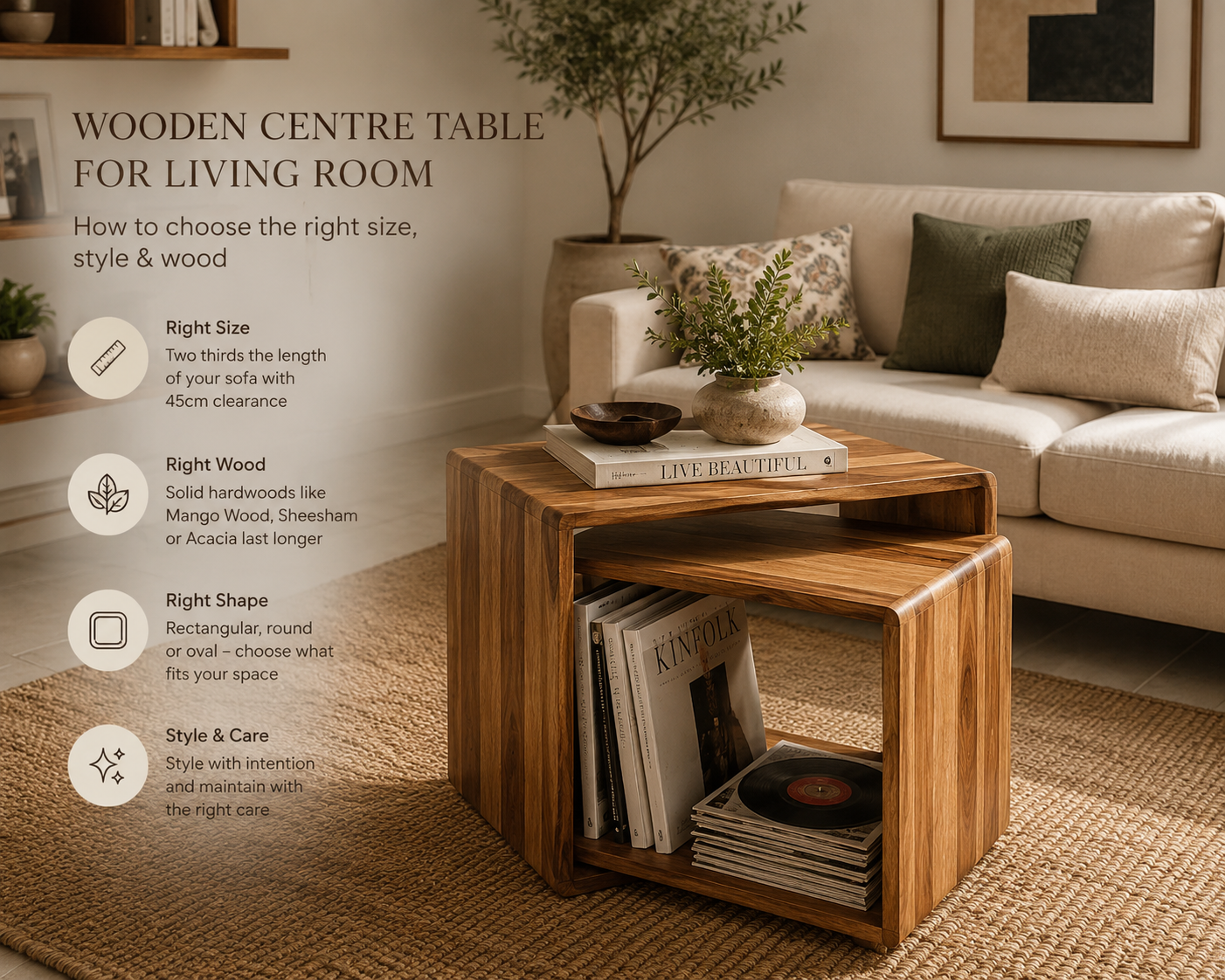 Wooden centre table for living room with storage in a modern home, featuring solid wood coffee table design, living room decor styling, centre table size guide, and furniture ideas for contemporary interiors.
