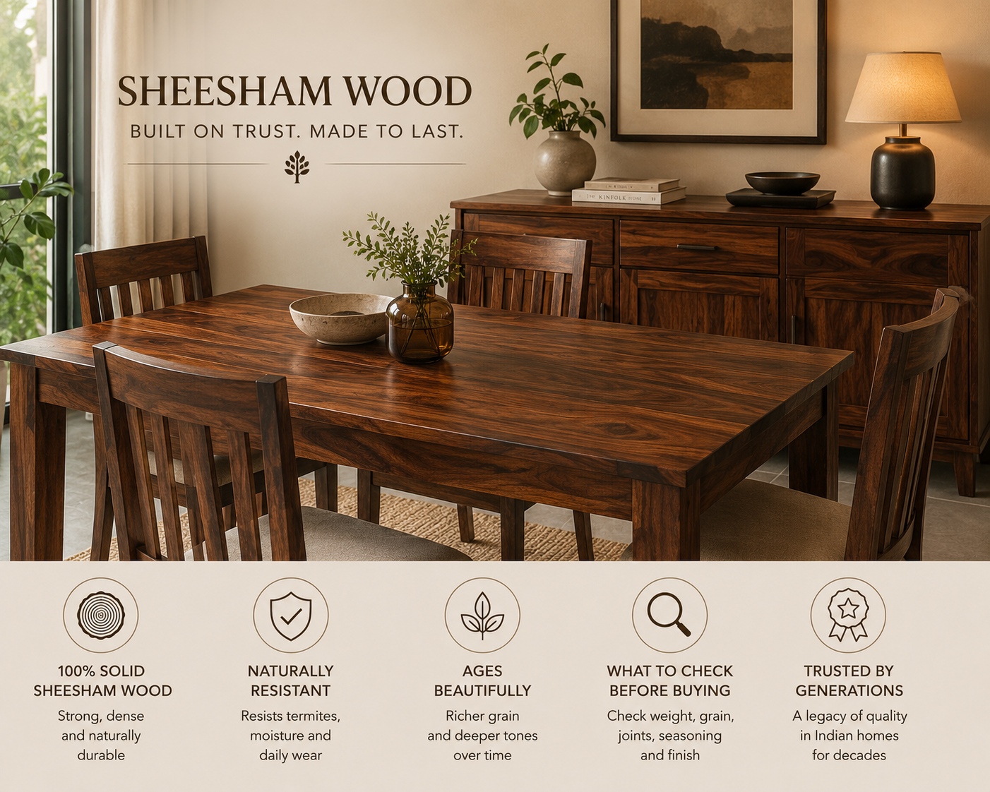 Solid sheesham wood furniture in a warm modern dining room featuring a wooden dining table and storage unit, showcasing durable Indian rosewood furniture, natural wood grain, and a guide on what to check before buying sheesham wood furniture.