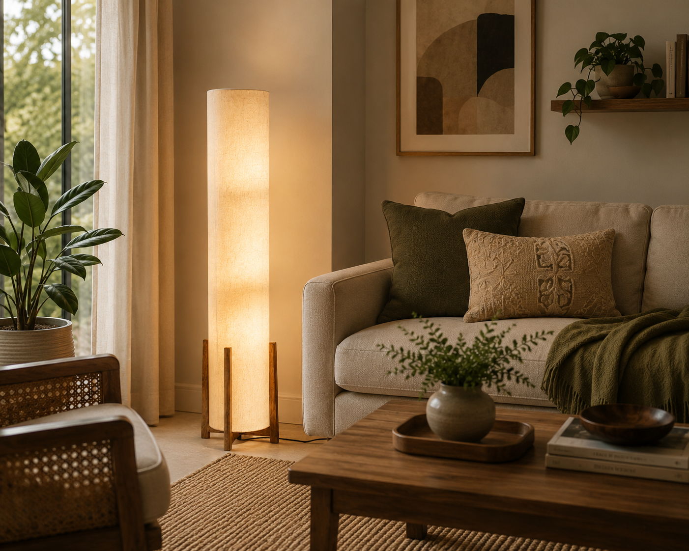 Modern floor lamp for living room in a warm contemporary interior featuring soft ambient lighting, wooden furniture, neutral decor, cozy sofa styling, and floor lamp placement ideas for Indian homes.