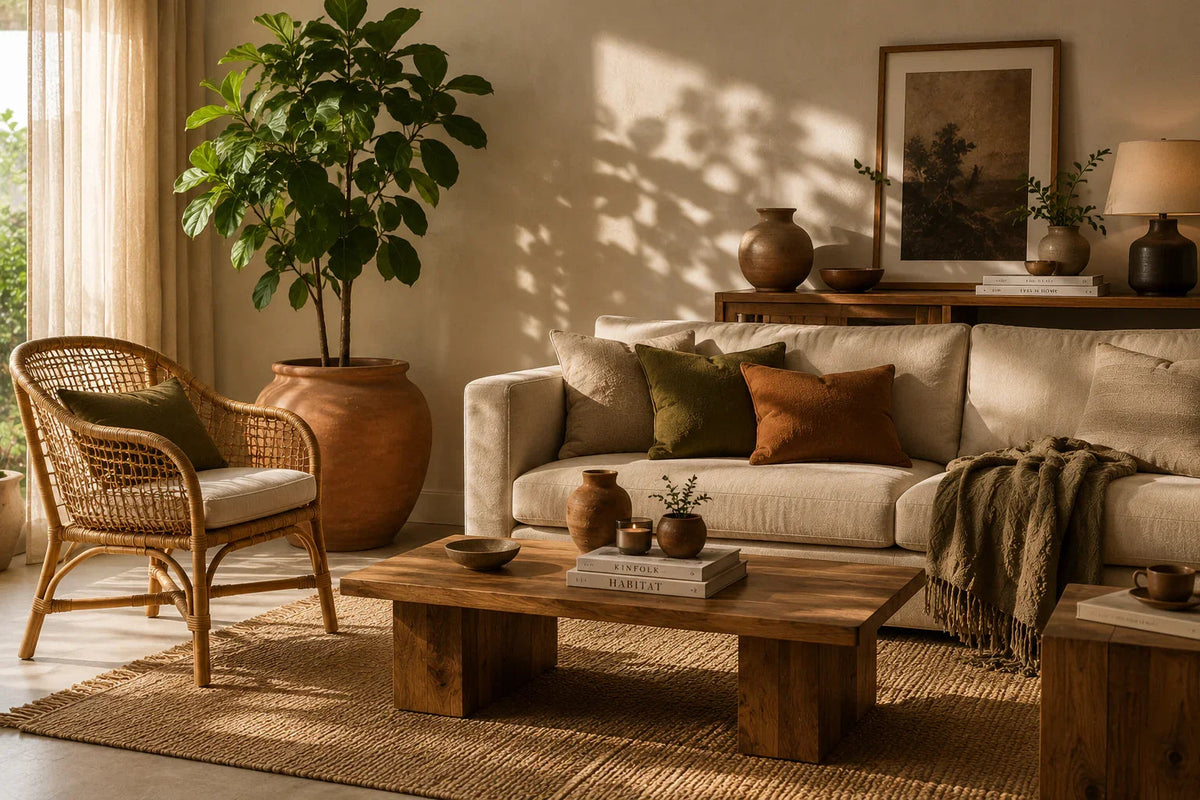 "Earthy home decor living room with solid wood furniture, a rattan accent chair, terracotta planters, and warm neutral styling, demonstrating how to create a cozy natural interior that feels personal rather than resort-like