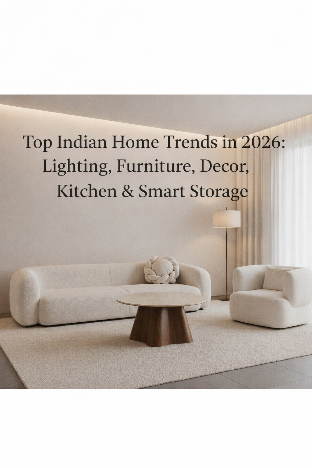 Minimalist modern living room with curved white sofa, armchair, wooden coffee table, floor lamp, and soft ambient lighting featuring the headline “Top Indian Home Trends in 2026: Lighting, Furniture, Decor, Kitchen & Smart Storage”