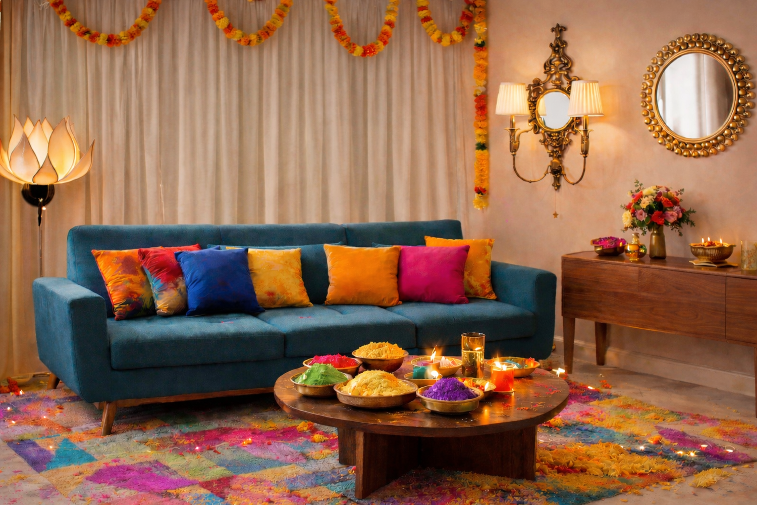 Holi 2026 living room decorated with colorful cushions, gulal bowls, wooden table and warm festive lighting.