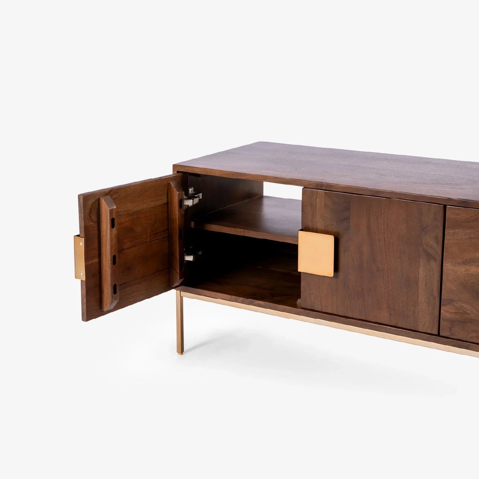 Designer TV Unit for Living Room | Mango Wood TV Console with Brass Handles | TV Cabinet with Storage