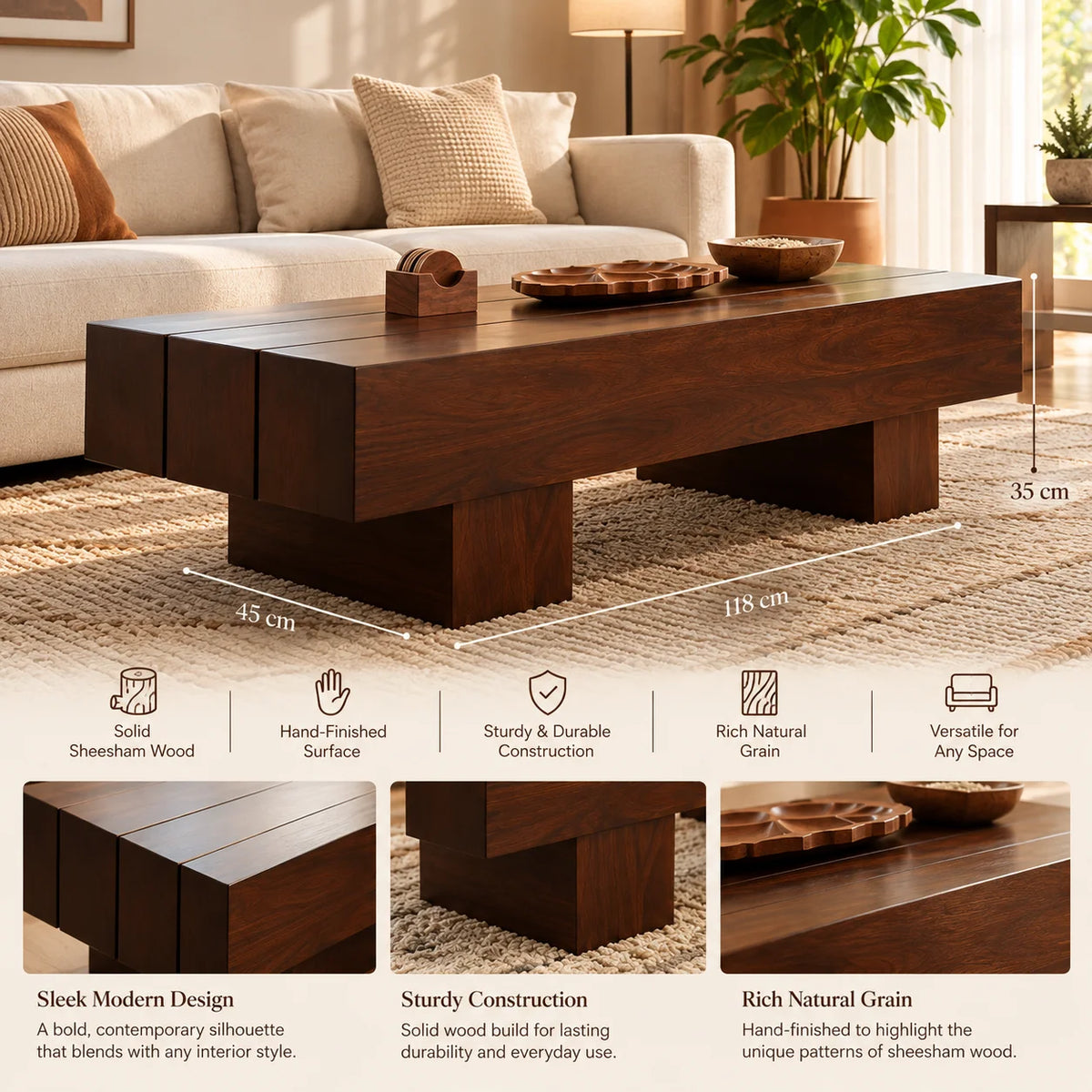 Logatto Sheesham Wood Coffee Table | Wooden Center Table for Living Room | Sofa Center Table
