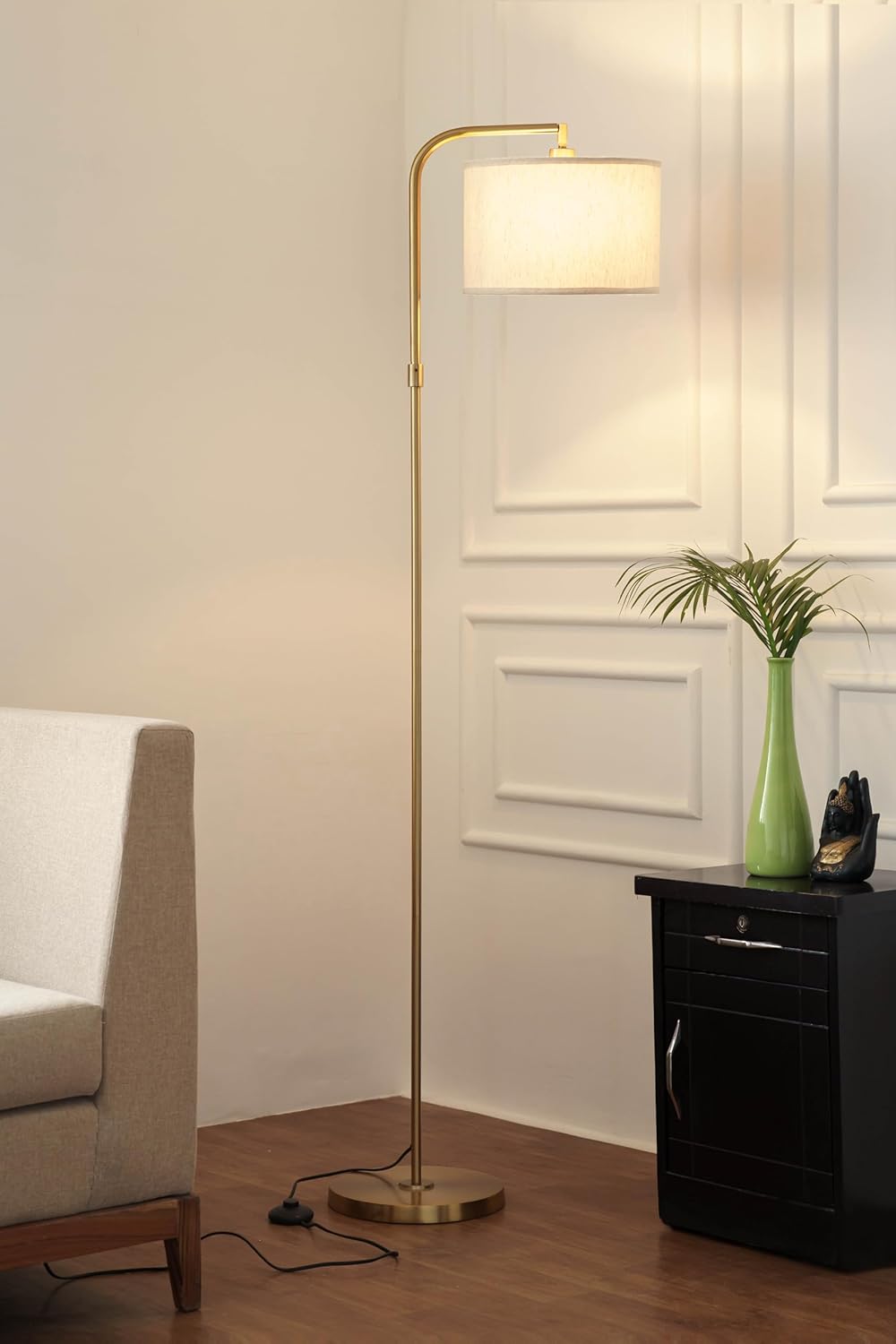 Brass Antique Modern Arc Floor Lamp with Adjustable Shade 6Ft Height with 12 inches Off White Drum Lampshade Pack of 1 - Led Bulb Included