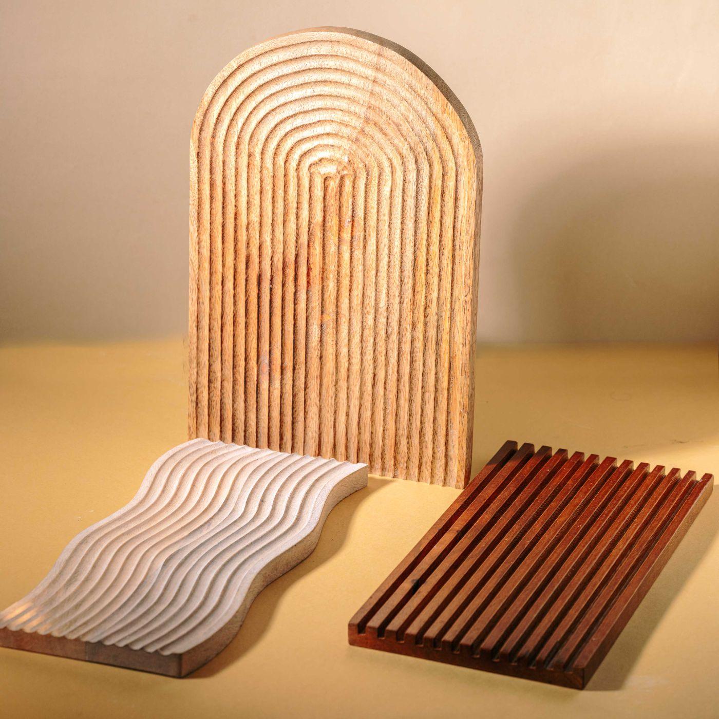 Taarash Set of 3 Striped Wooden Platters | Serving Tray