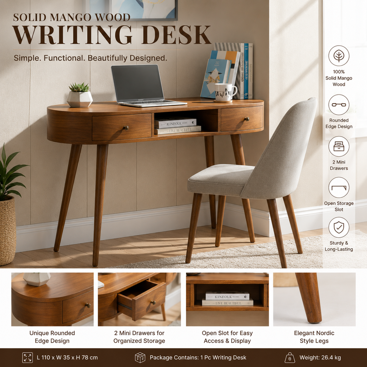 Solid Mango Wood Writing Desk | Chestnut Finish Study Table with Drawers & Open Shelf