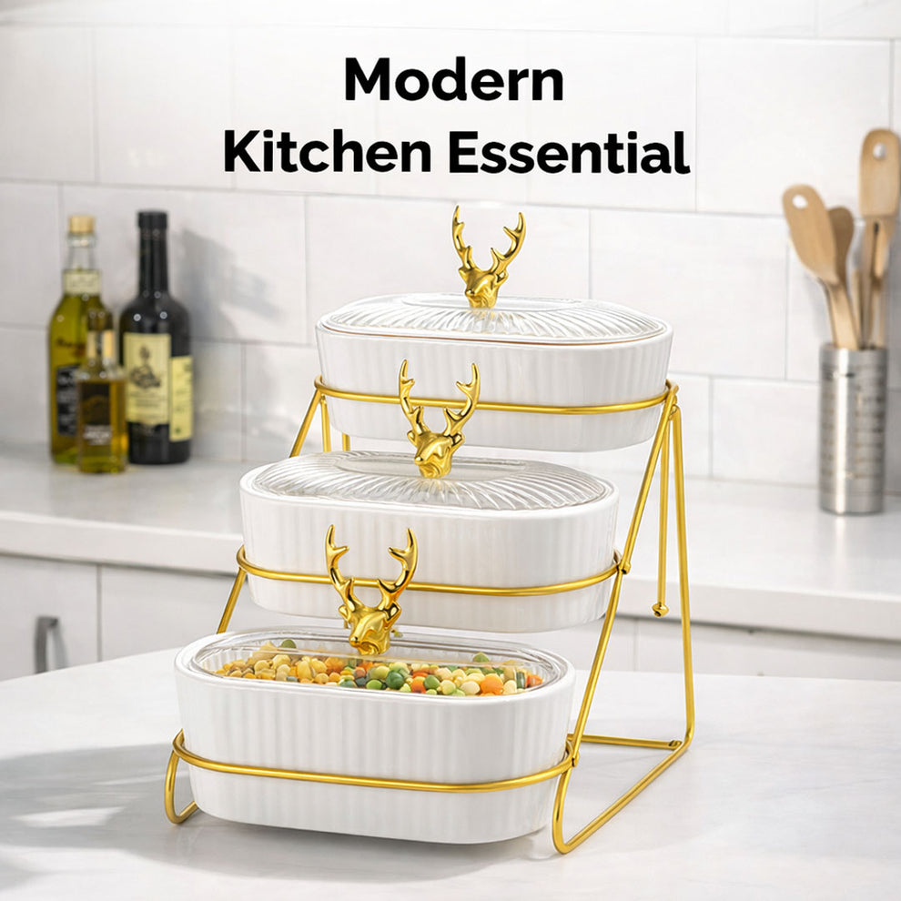 3 Tier Glass Fruit Basket with Metal Stand | Oval Tiered Fruit Basket & Snack Organizer | Detachable Dessert Stand for Kitchen Counter & Dining Table