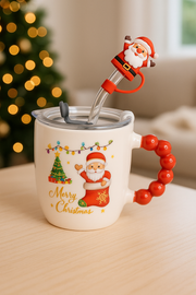 Festive “Merry Christmas” Santa Mug with Straw & Lid Set