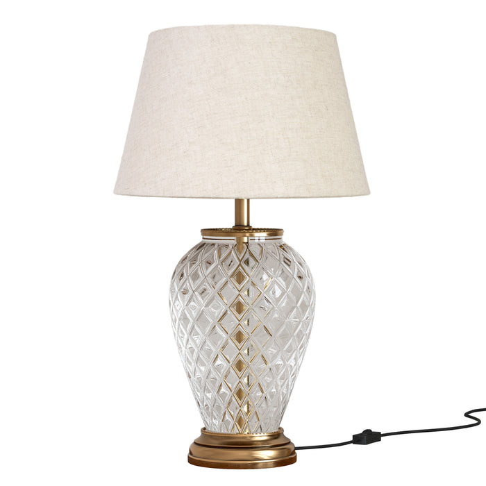 Royal Brass Antique Finish And Diamond Cut Glass Table Lamp 23 Inches Height With Off White 14 Inches Diameter Lampshade