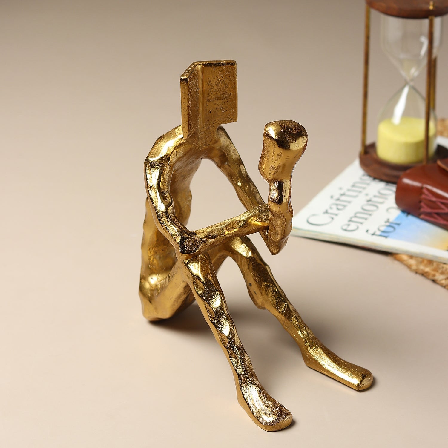 Pensive Reader Decorative Sculpture | Gold Aluminium Reading Figurine for Bookshelf & Home Décor