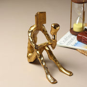 Pensive Reader Decorative Sculpture | Gold Aluminium Reading Figurine for Bookshelf & Home Décor