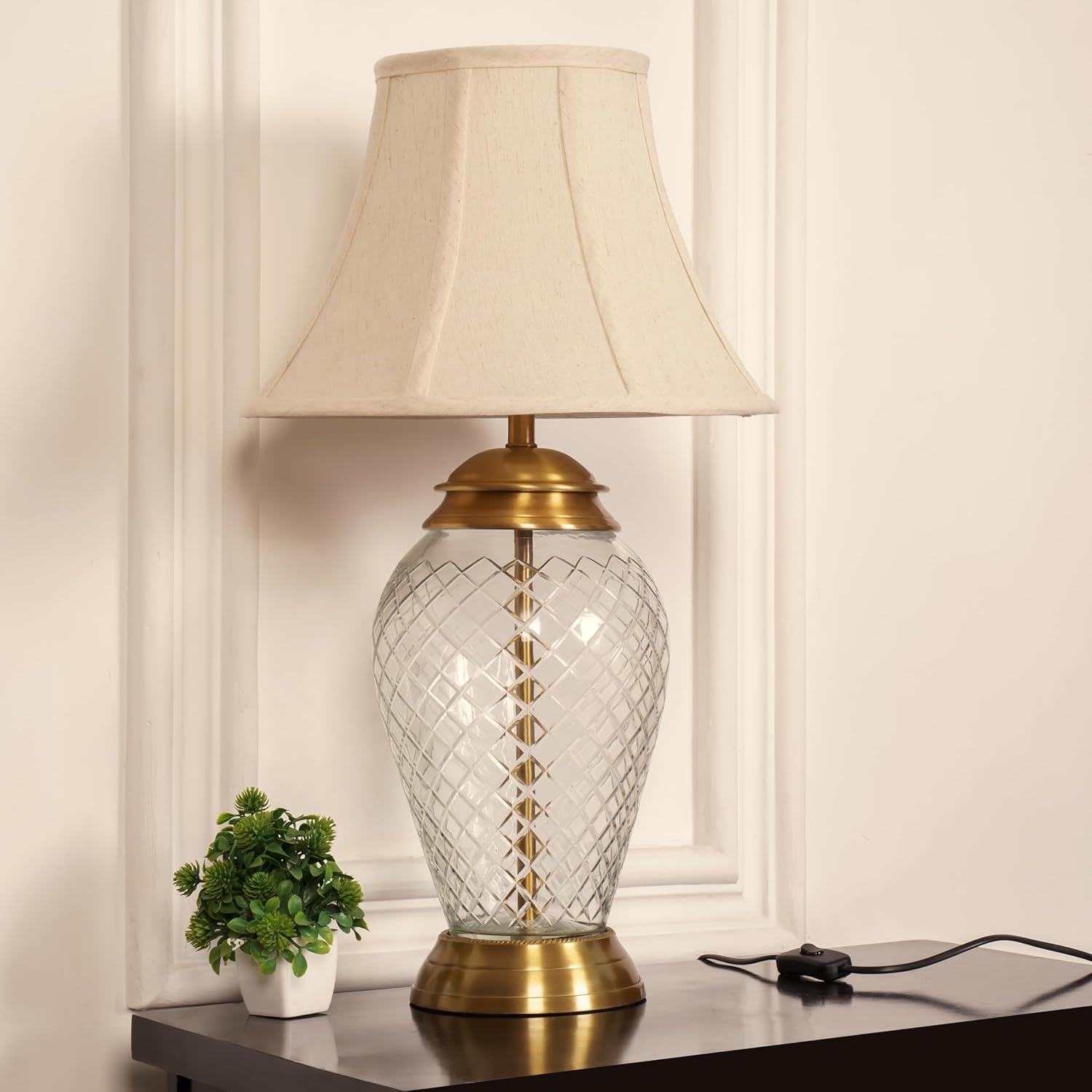 Royal Pure Brass Antique Finish And Diamond Cut Glass Table Lamp 23 Inches Height With Off White Bell 14 Inches Diameter Lampshade
