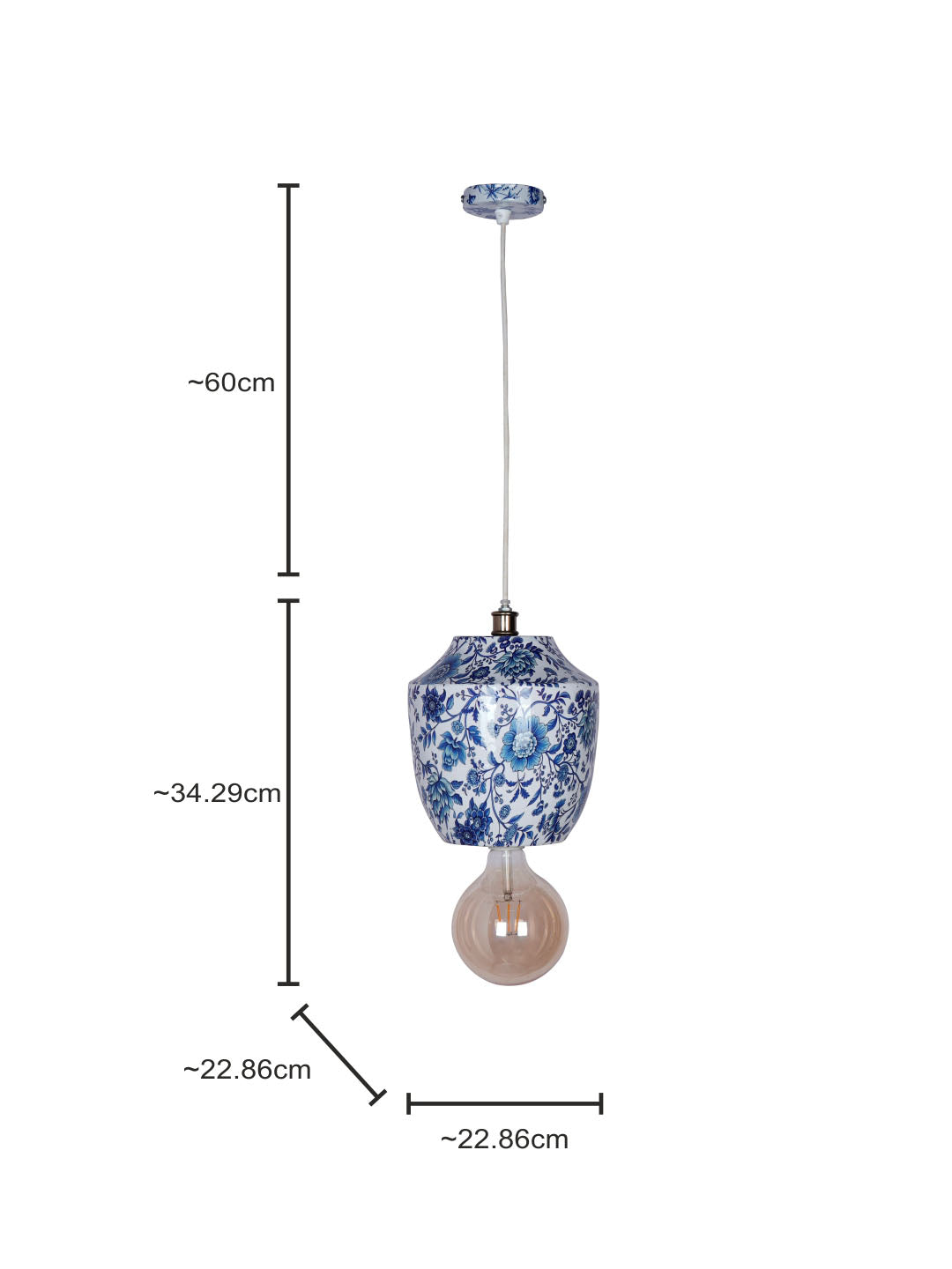 Chinoiserie Pendant Light, Blue White
  Floral Print, Metal Jar Shaped, Traditional Hanging Lamp,