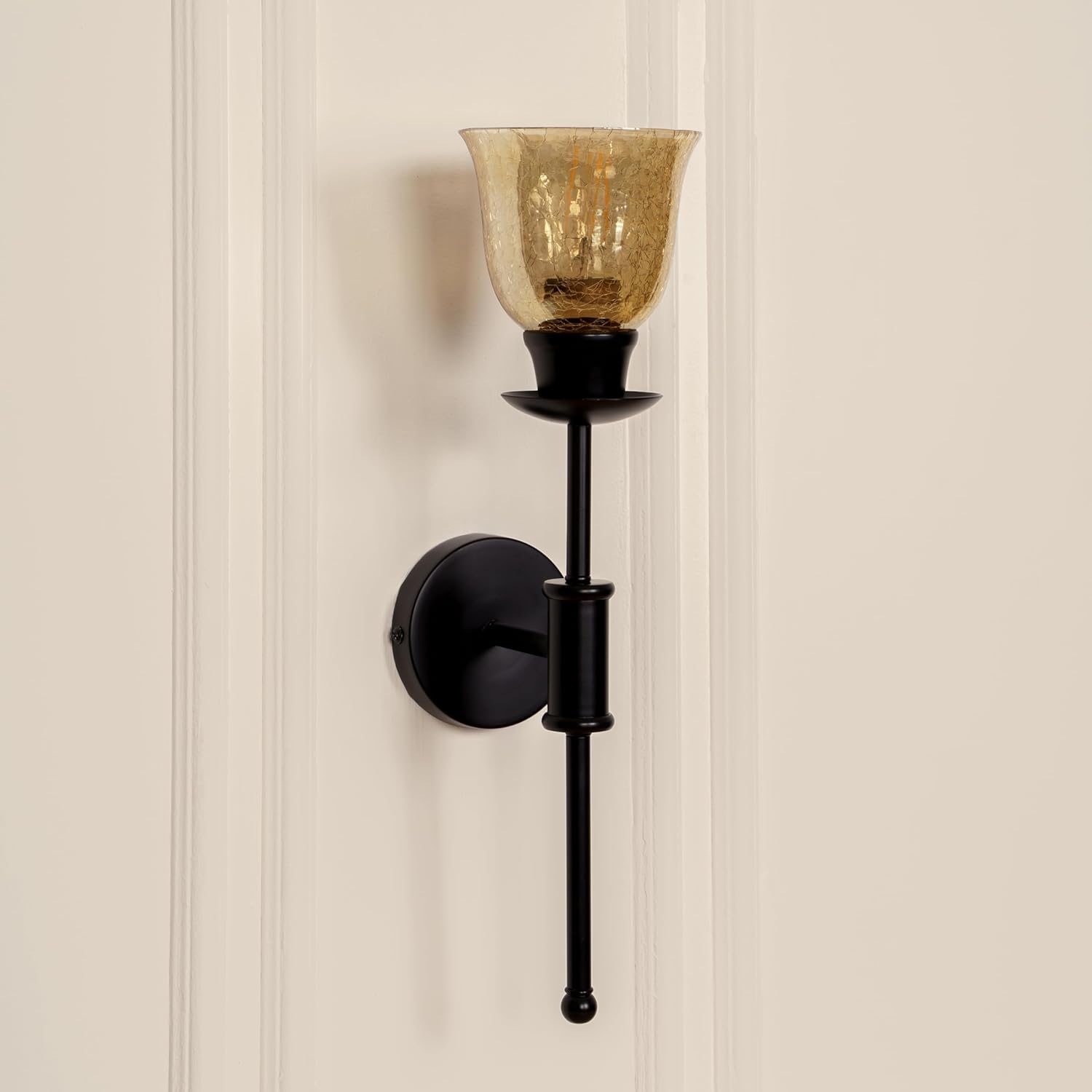 Black Polished Finish Spacer Wall Lamp with Cup Crackled Glass Golden Luster Shade
