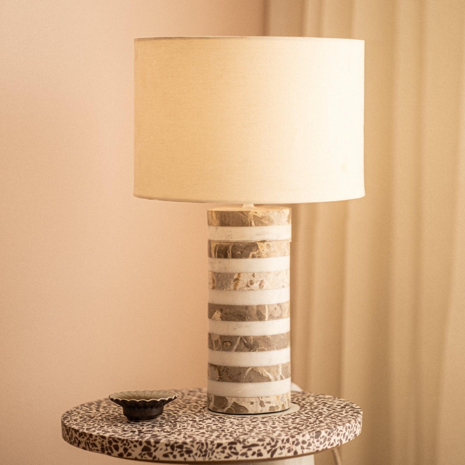 Marbella cyclinder Table Lamp | Marble, mild steel and cotton fabric shade