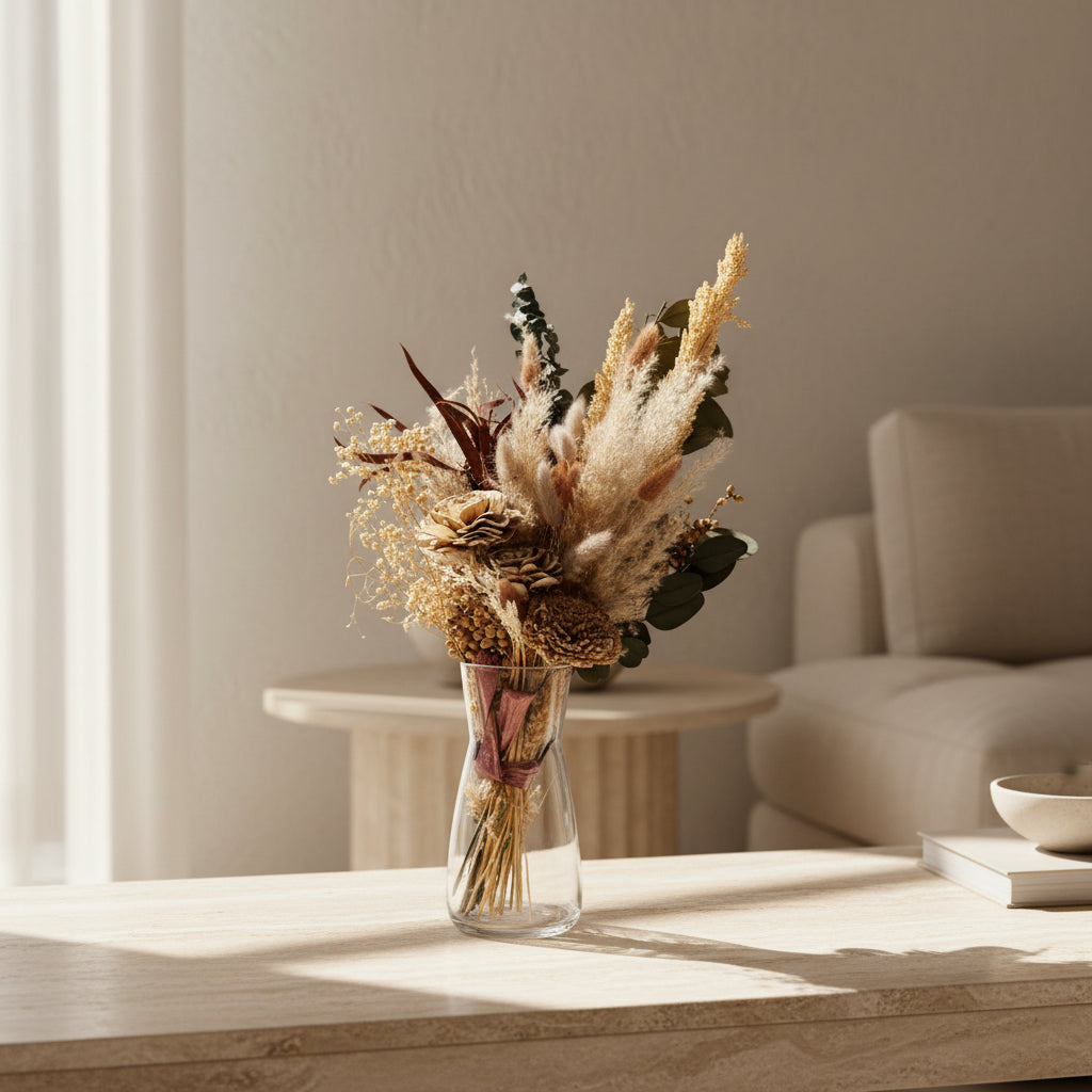 Glass Vase with Sola Wood Flowers | Dried Flower with Vase Arrangement for Home Décor
