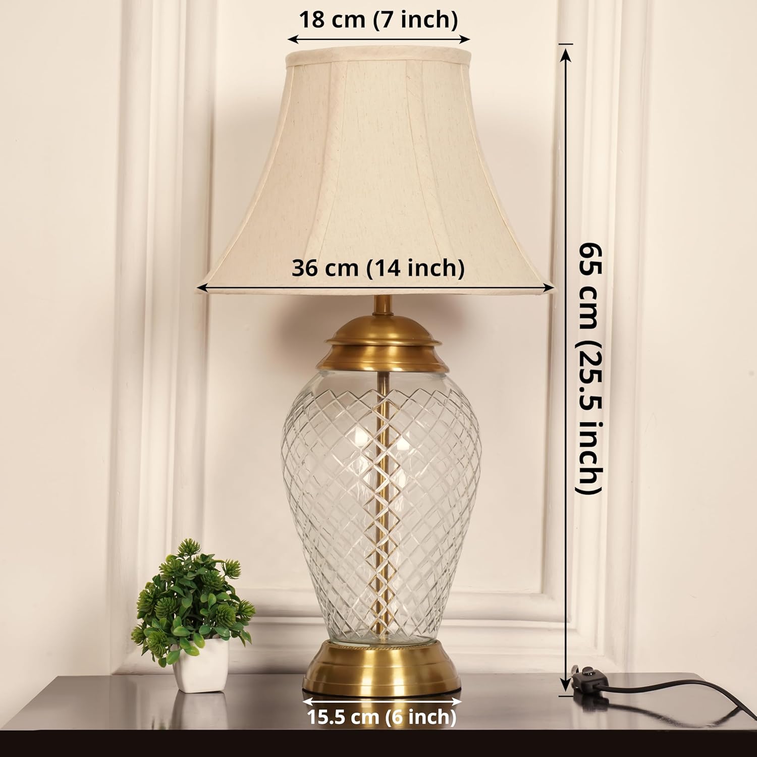 Royal Pure Brass Antique Finish And Diamond Cut Glass Table Lamp 23 Inches Height With Off White Bell 14 Inches Diameter Lampshade