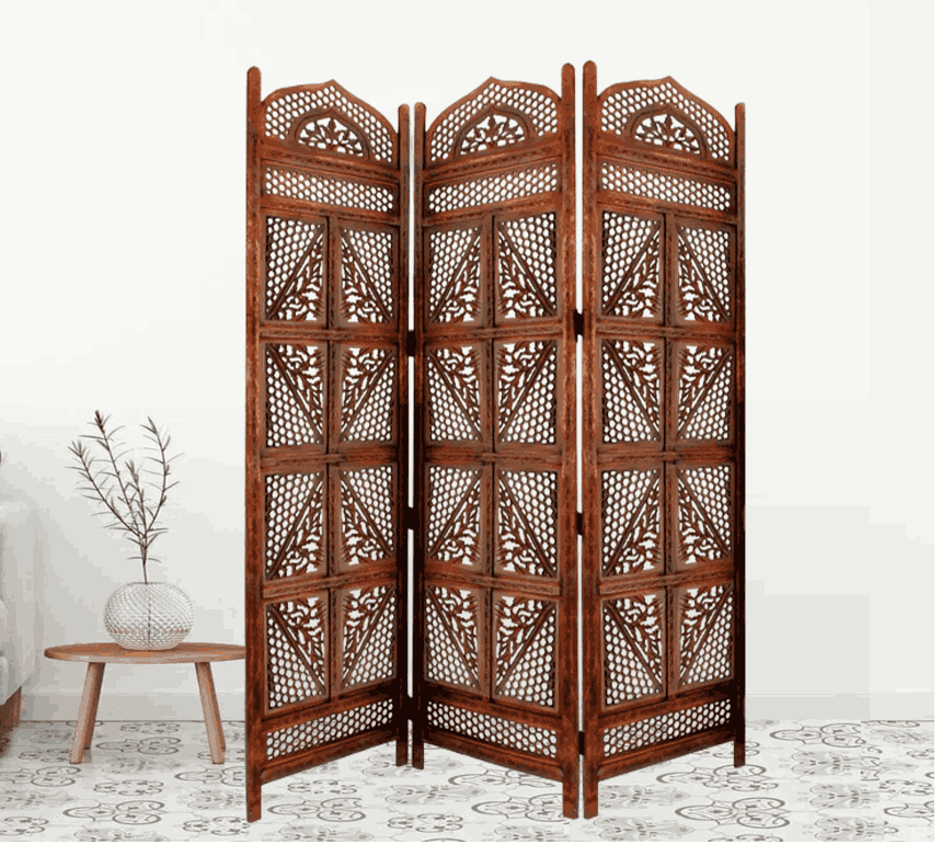 Mango Wood Folding Room Divider with Decorative MDF Jali