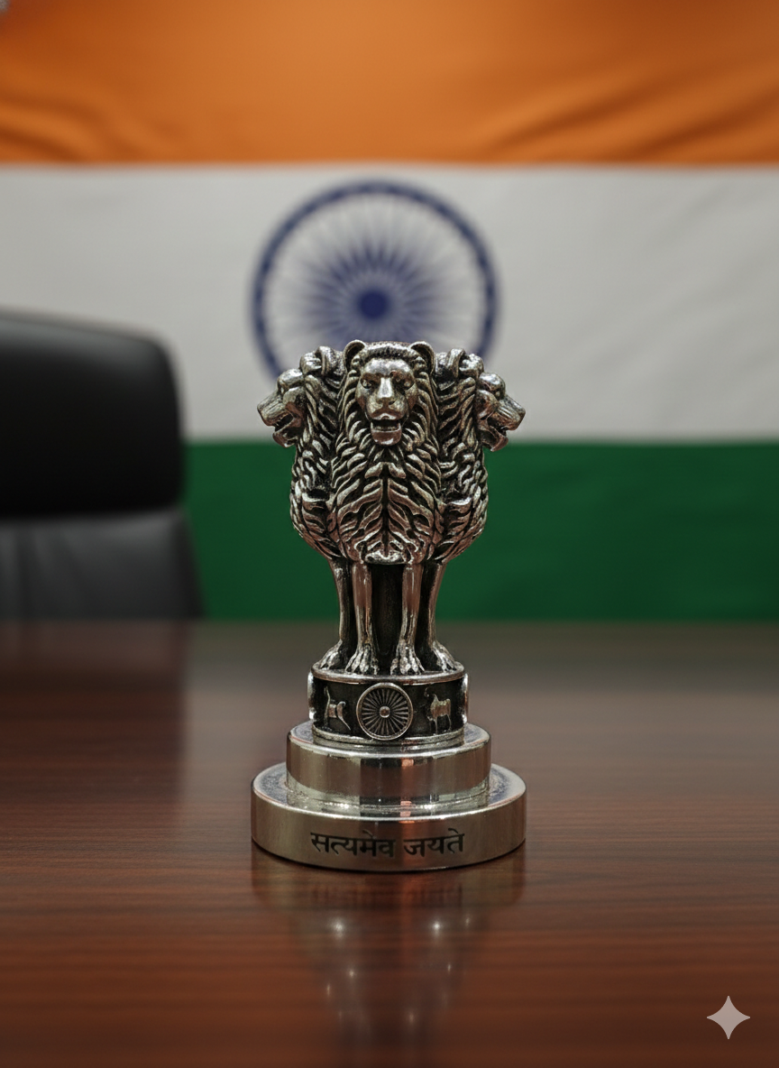 National Emblem Ashoka Lion Paperweight In Brass With Pure Silver Polish