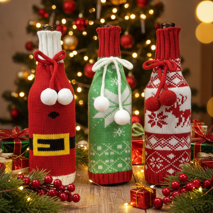 Woolen Christmas Wine Covers – Santa, Snowflake & Reindeer Design-Red Green