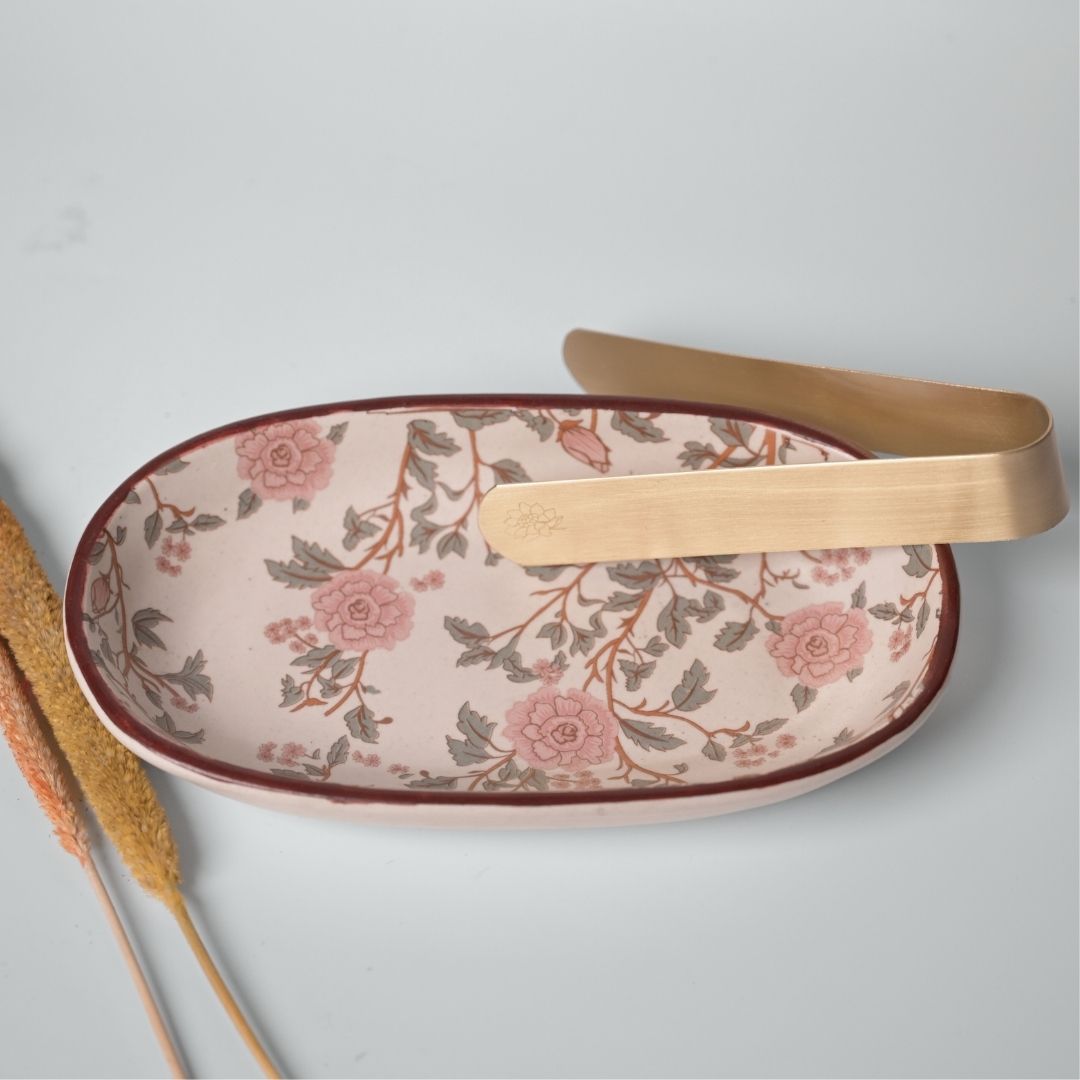 Stoneware Oval Tray with Peony Print & Brass Tong Set – Handcrafted Serveware for Snacks, Cookies & Festive Gifting
