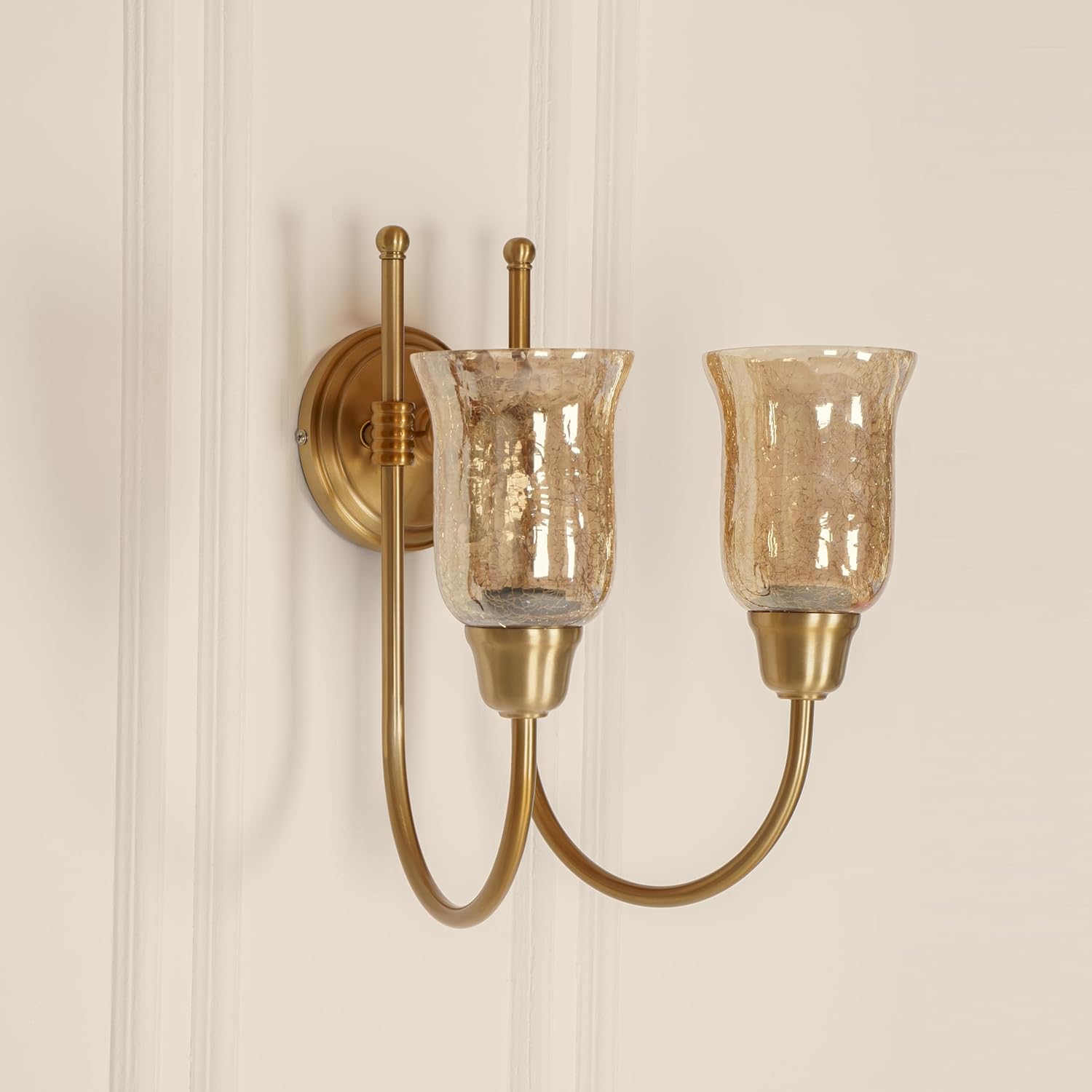 Double Hockey Wall Lamp Antique Brass Finish with Chimney Crackled Glass Shade for Living Room, Bedroom and Home Decoration