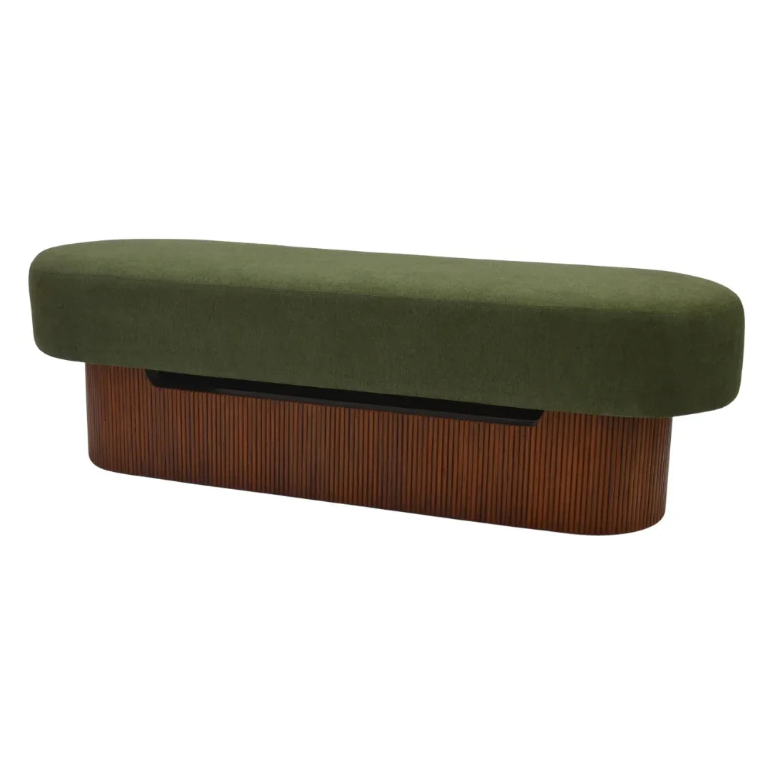 Sablon Upholstered Bench | Teak Wood Seating Bench with Olive Fabric Seating (Modern Bench Seat)