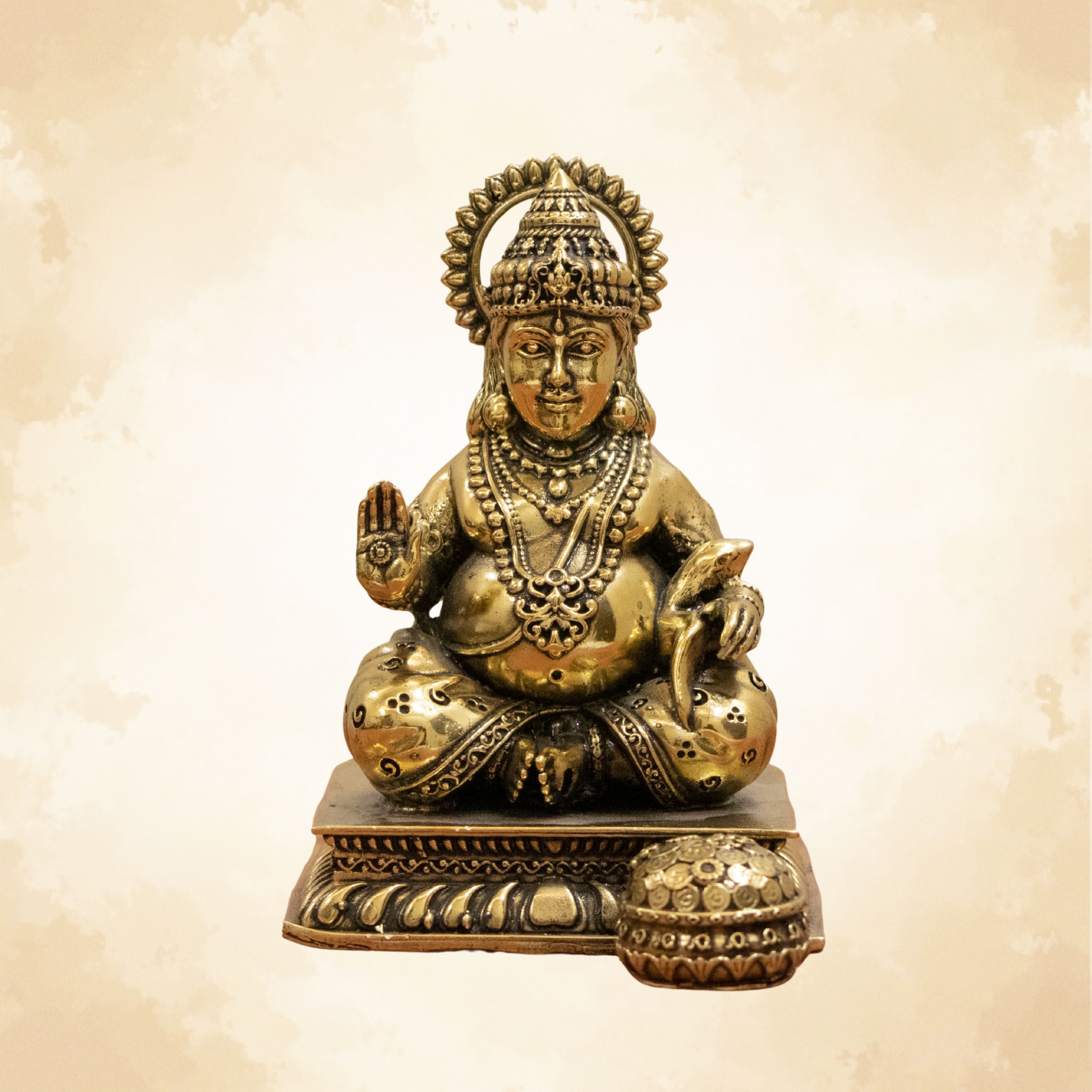 Kuber Ji brass idol representing wealth, prosperity, and abundance