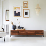 Quasar entertainment unit with metal legs strip design honey finish