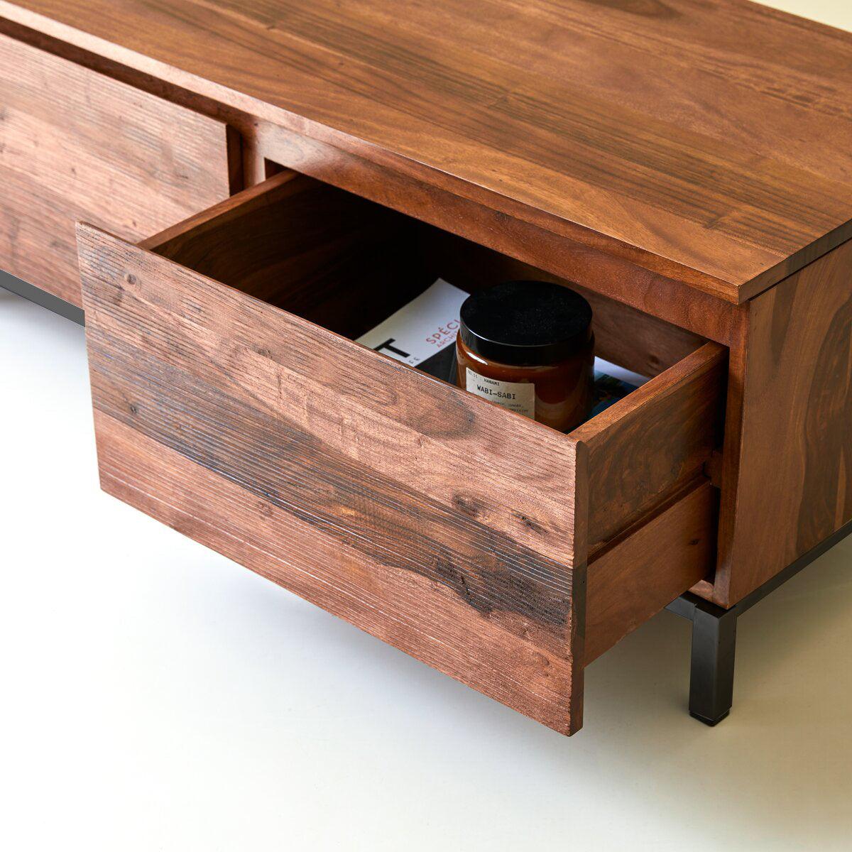 Quasar entertainment unit with metal legs strip design honey finish