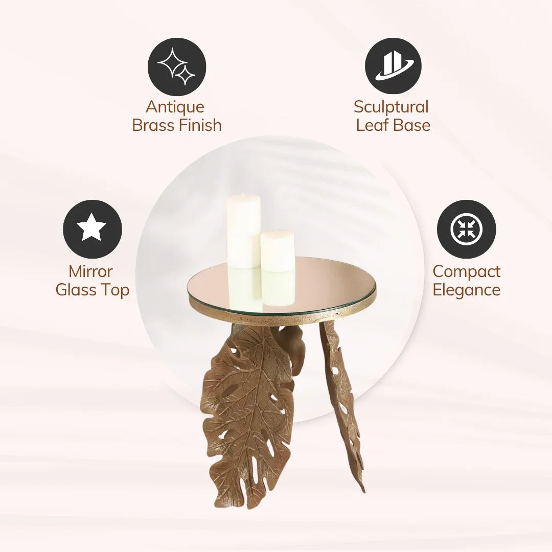 Leaf Antique Brass Aluminium Round Side Table for Living Room | Mirror Glass Top Decorative Corner Table