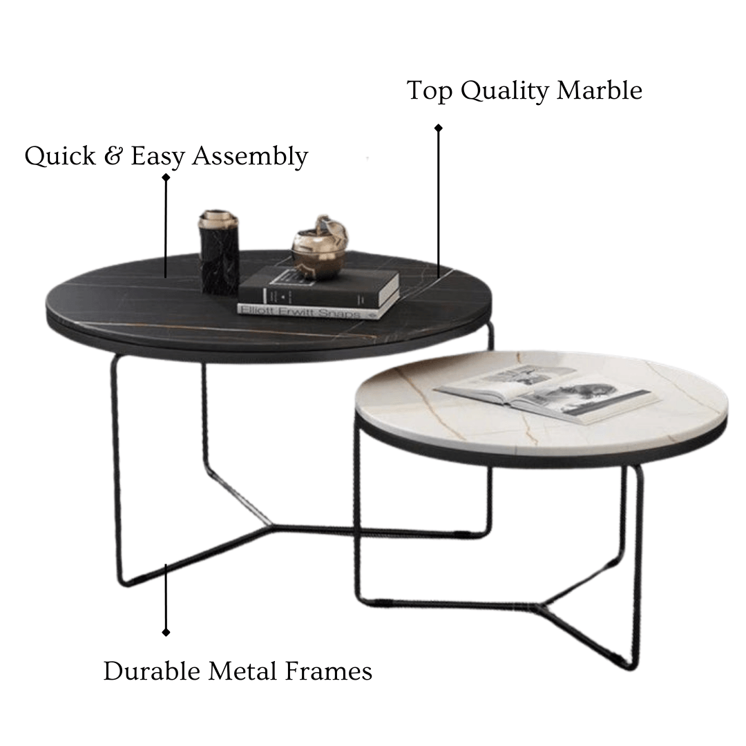 Minimal Nesting Tables with Marble Top | Set of 2 Center Coffee Table for Living Room